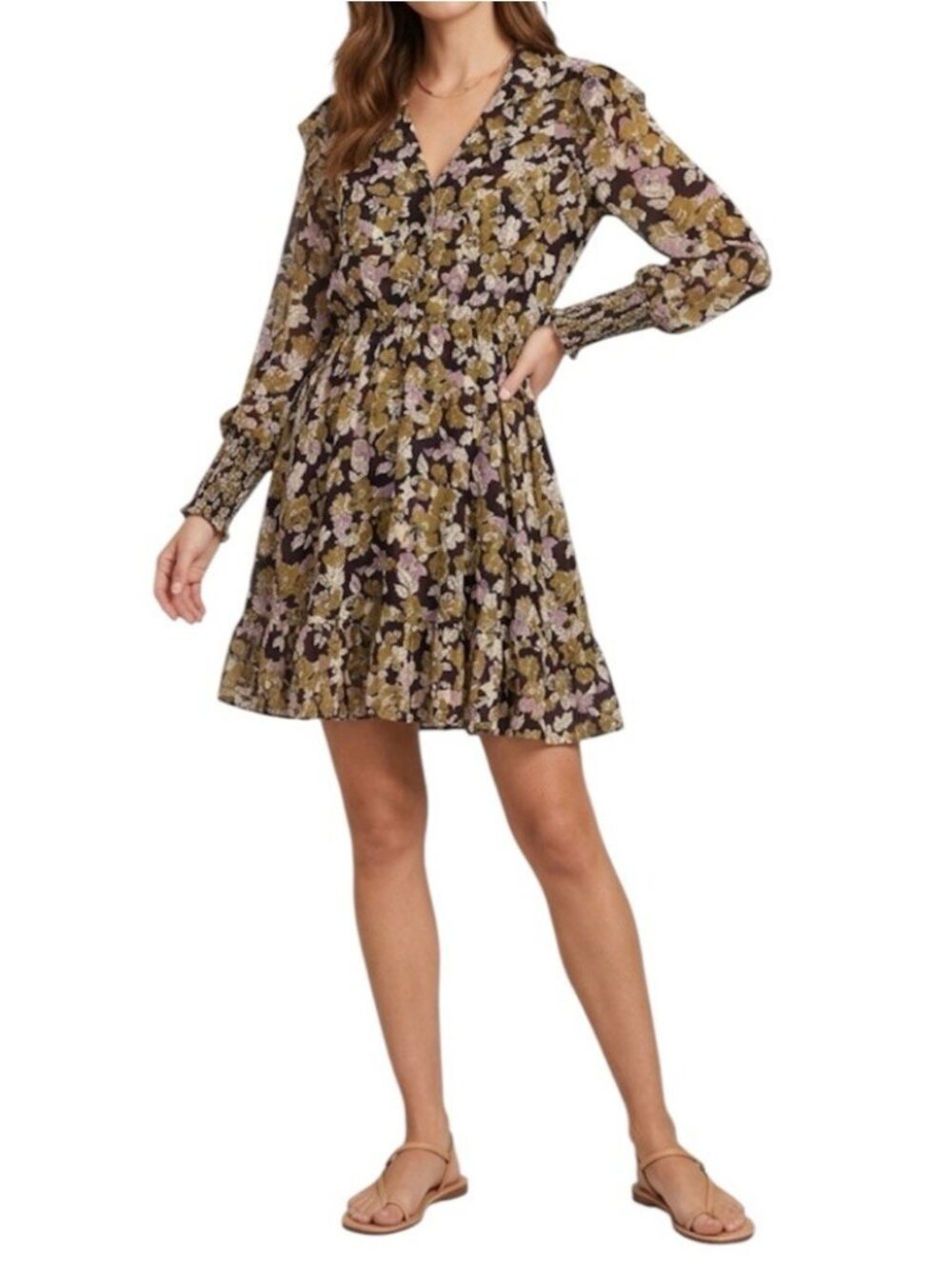 I.Madeline Multicolored Floral Boho Cottagecore Long Sleeve V-Neck Dress Small